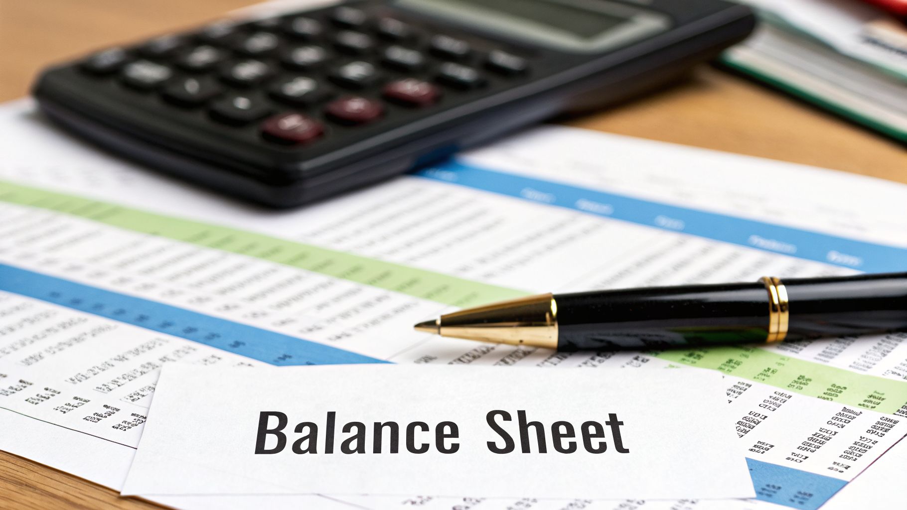A calculator, pen, and financial documents with a 'Balance Sheet' label, illustrating accounting.