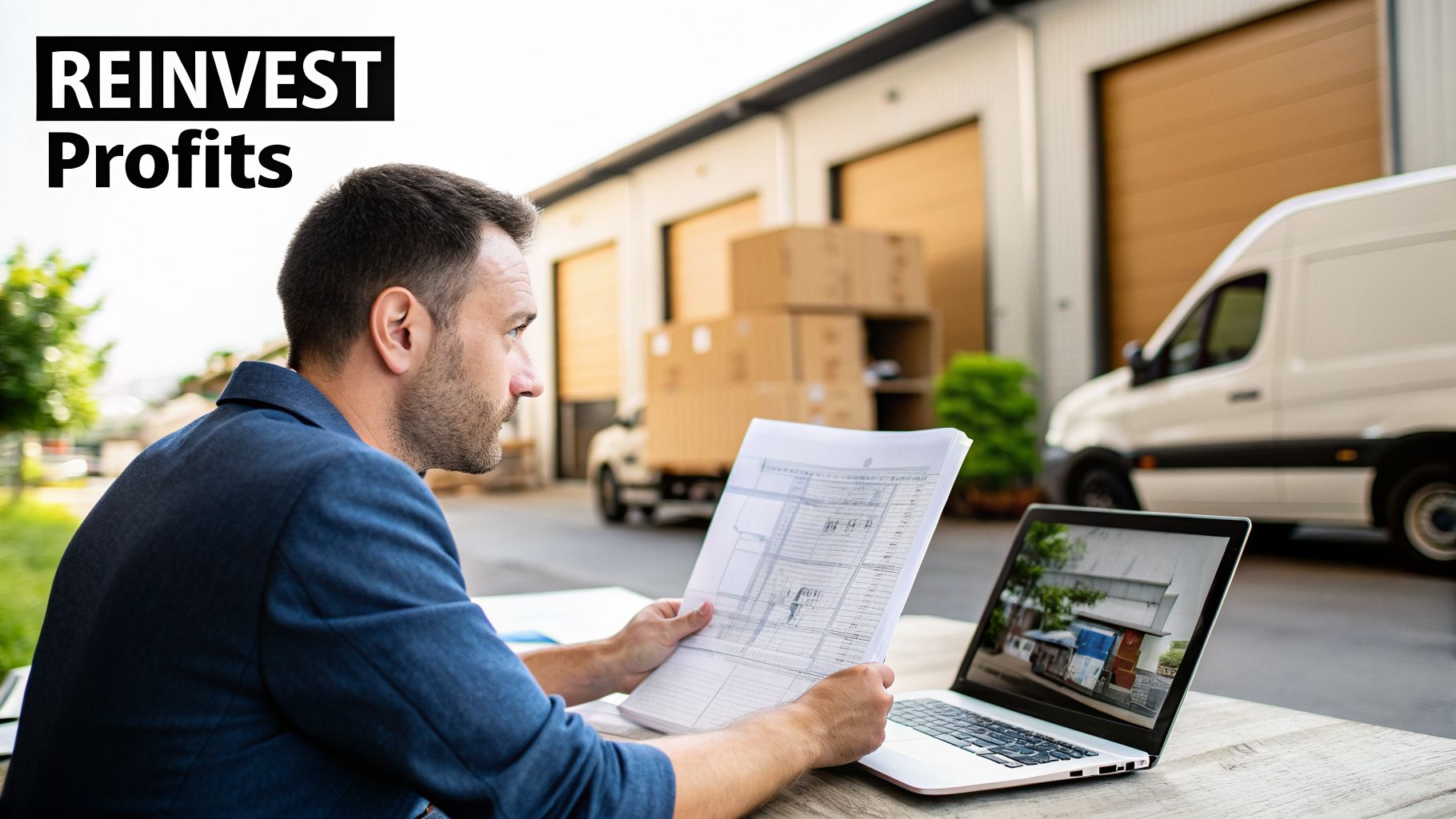 A man reviews documents and a laptop, planning business expansion at a busy logistics warehouse.