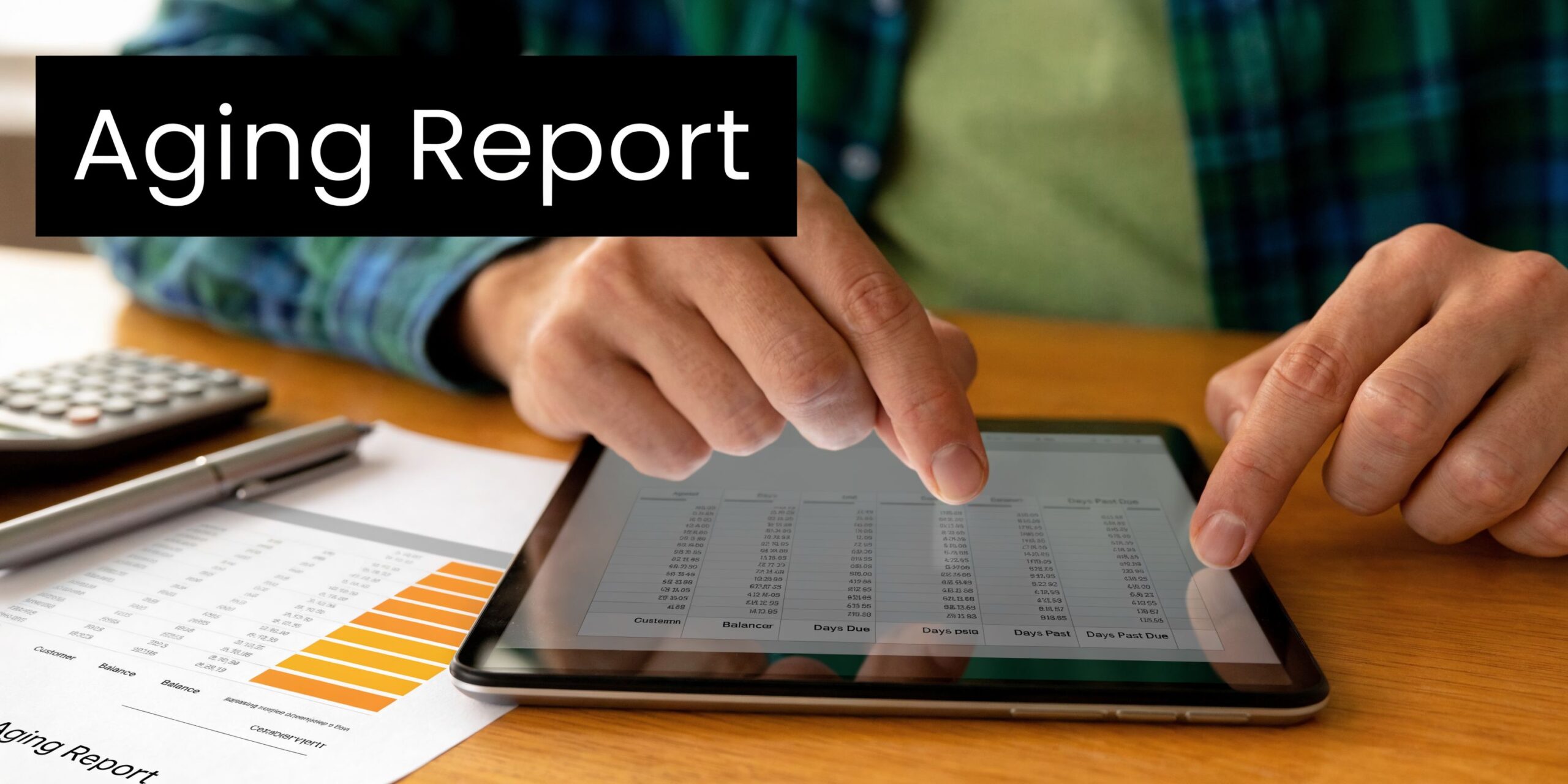 A person reviewing an accounts receivable aging report on a tablet and printed document at a desk.