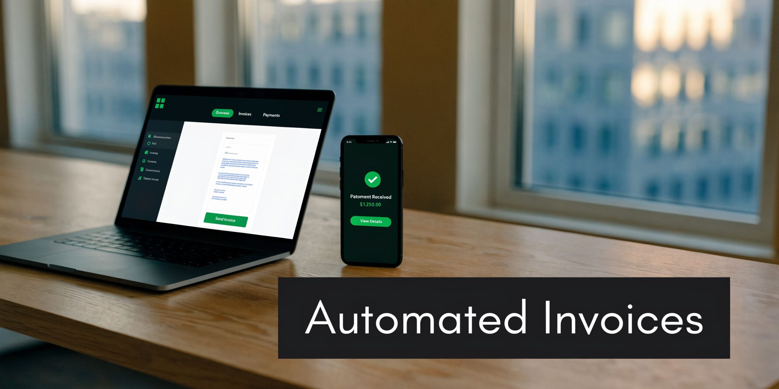 A laptop and smartphone displaying financial software for automated billing on a wooden desk near a window.