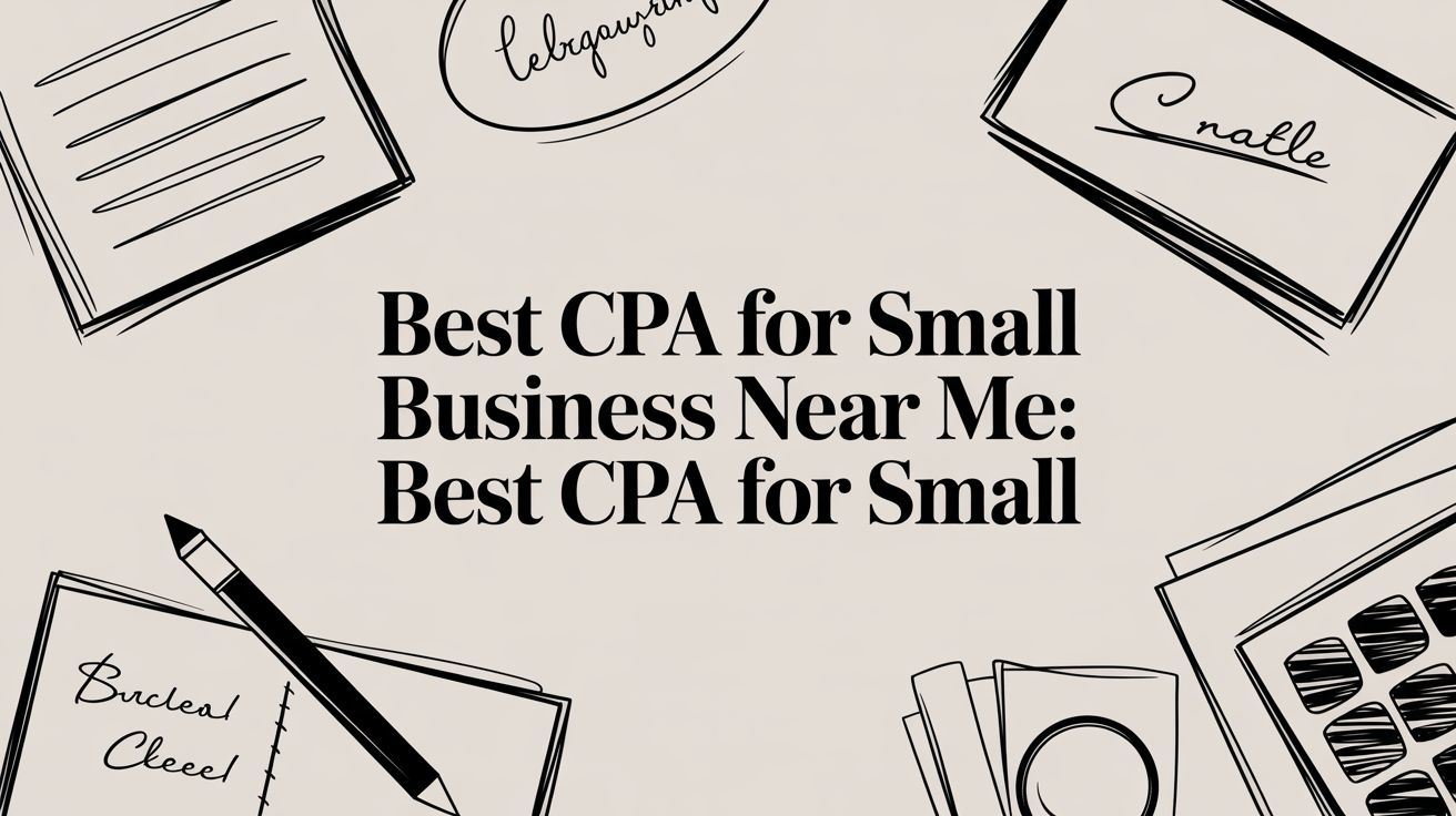 Article hero: 'Best CPA for Small Business Near Me: Best CPA for Small' on a beige background with doodle desk items framing the title.