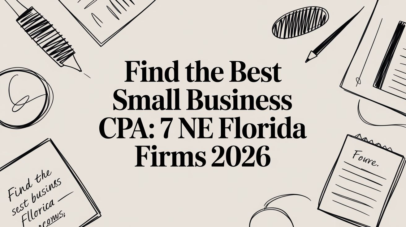 Find the Best Small Business CPA: 7 NE Florida Firms 2026 on a beige background with hand-drawn office doodles around (pencils, notebook, and paper sketches).