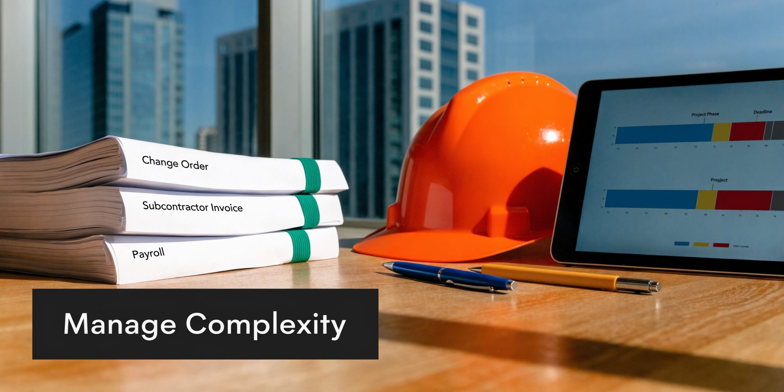 A construction site desk with stacks of documents, a hard hat, and a tablet displaying project data.