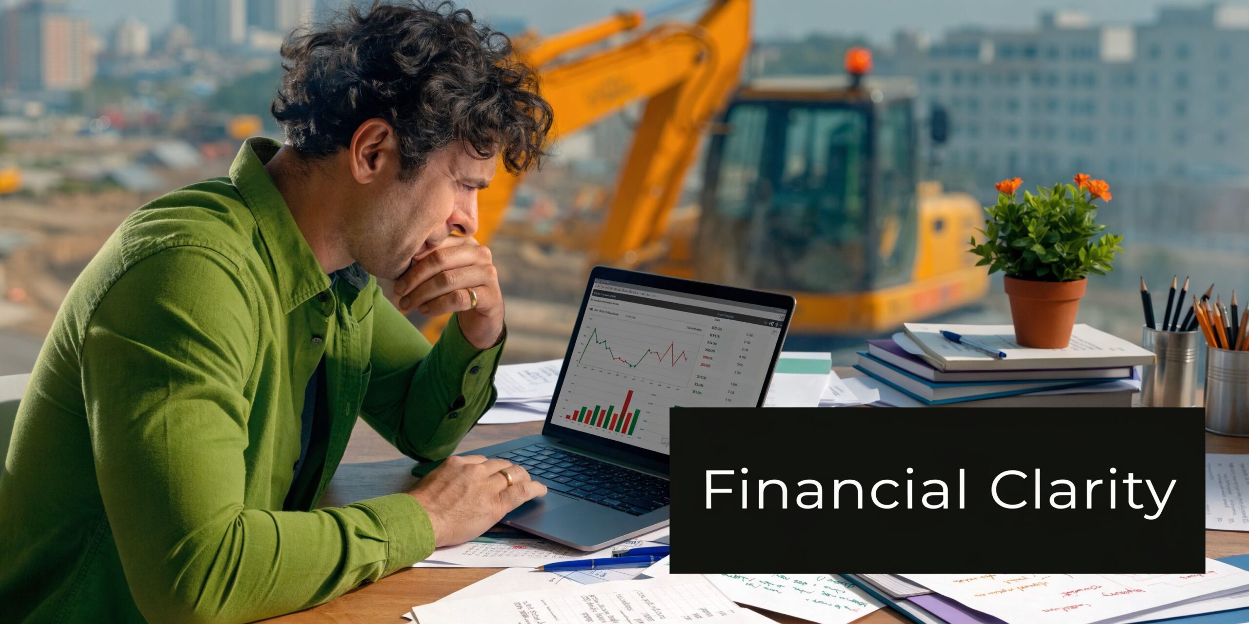 A focused man wearing a green shirt works on a laptop showing financial charts with a construction site background.