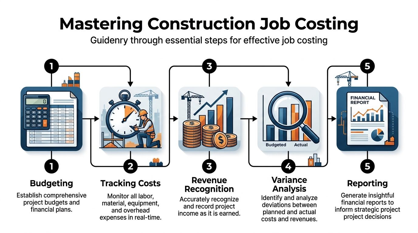 A five-step infographic explaining the essential process of mastering construction job costing for project management.
