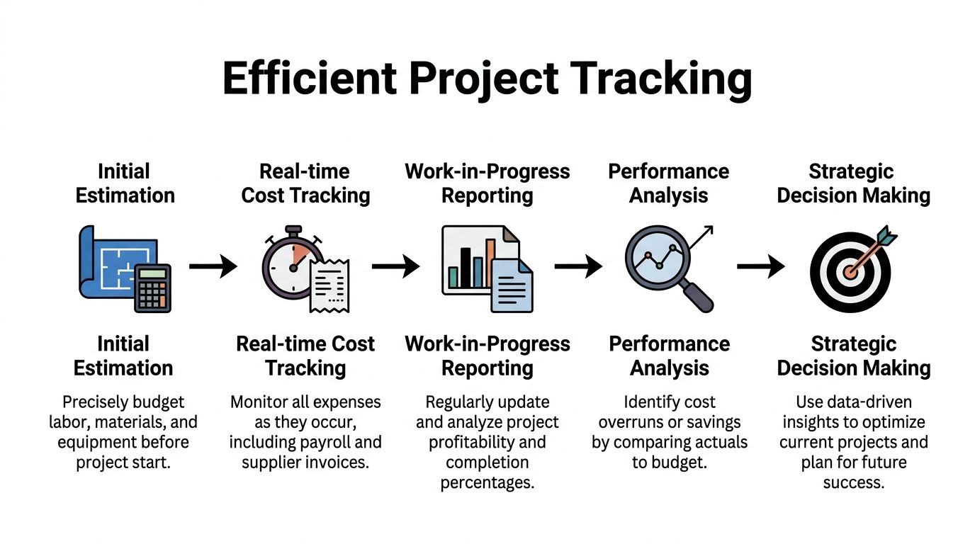 A diagram illustrating the efficient project tracking process for construction projects, from initial estimation to strategic decision making.