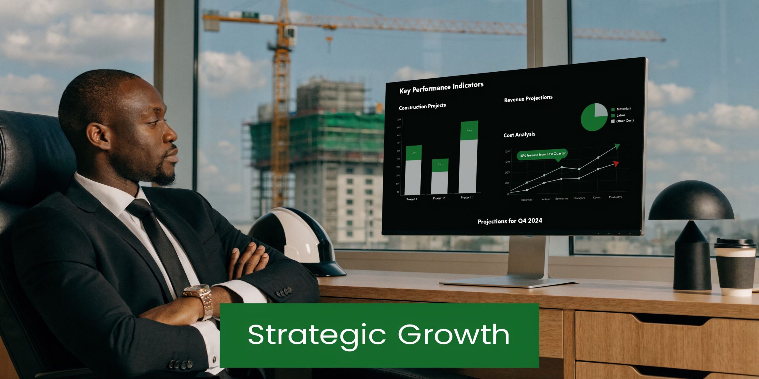 A professional man in a suit looking at construction performance indicators displayed on a monitor.