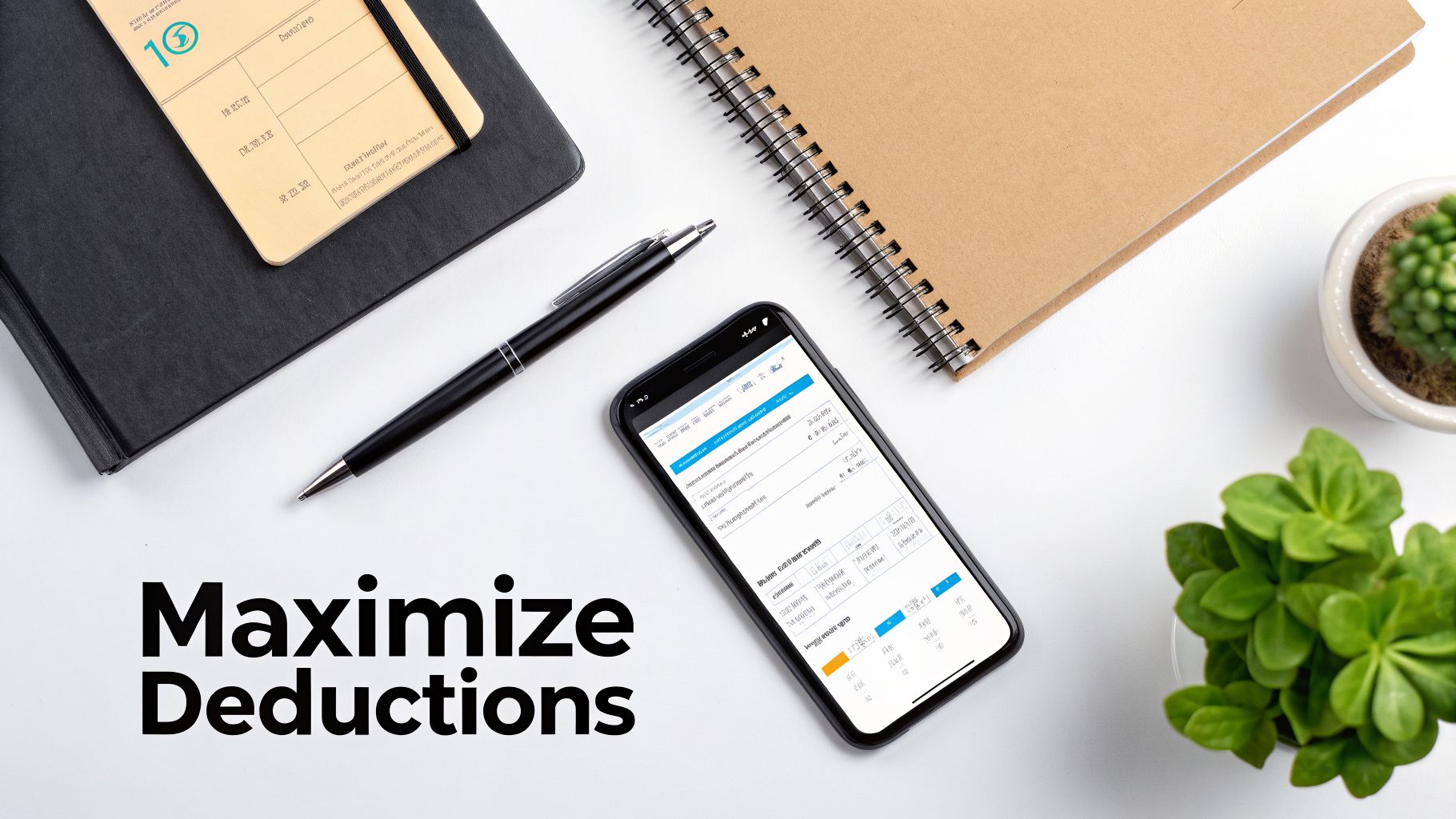 Overhead view of a desk with a smartphone displaying a financial app, notebooks, and plants, emphasizing tax planning.