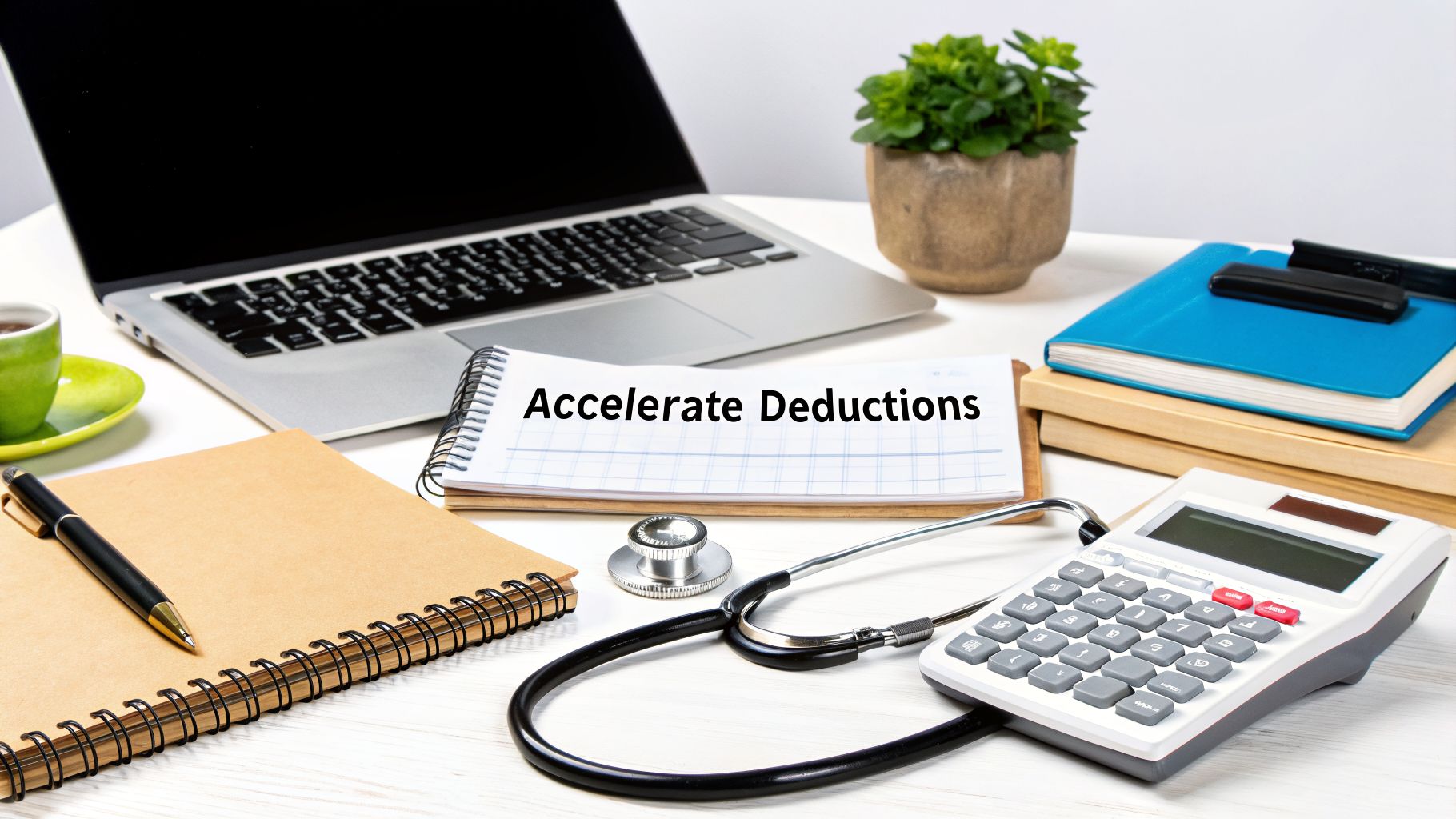 Desk with laptop, calculator, stethoscope, and notebook with 'Accelerate Deductions' text.