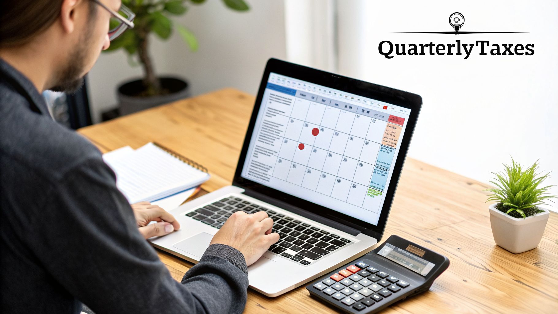 Man planning quarterly taxes on a laptop, with a calendar, calculator, and notebook on a wooden desk.