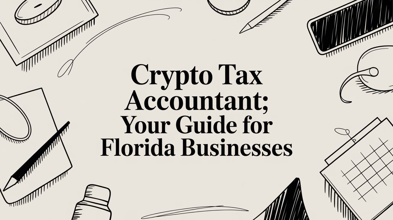 Bold title in center: 'Crypto Tax Accountant; Your Guide for Florida Businesses' surrounded by hand-drawn office doodles (pencil, ruler, calendar) on a beige background.