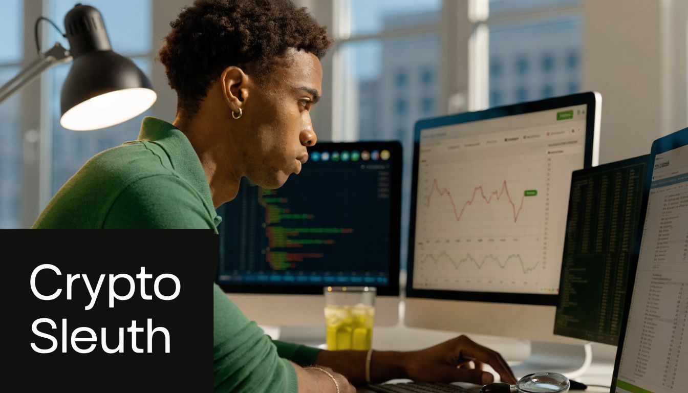 A focused crypto tax accountant analyzing financial market data and coding on multiple computer monitors in an office.