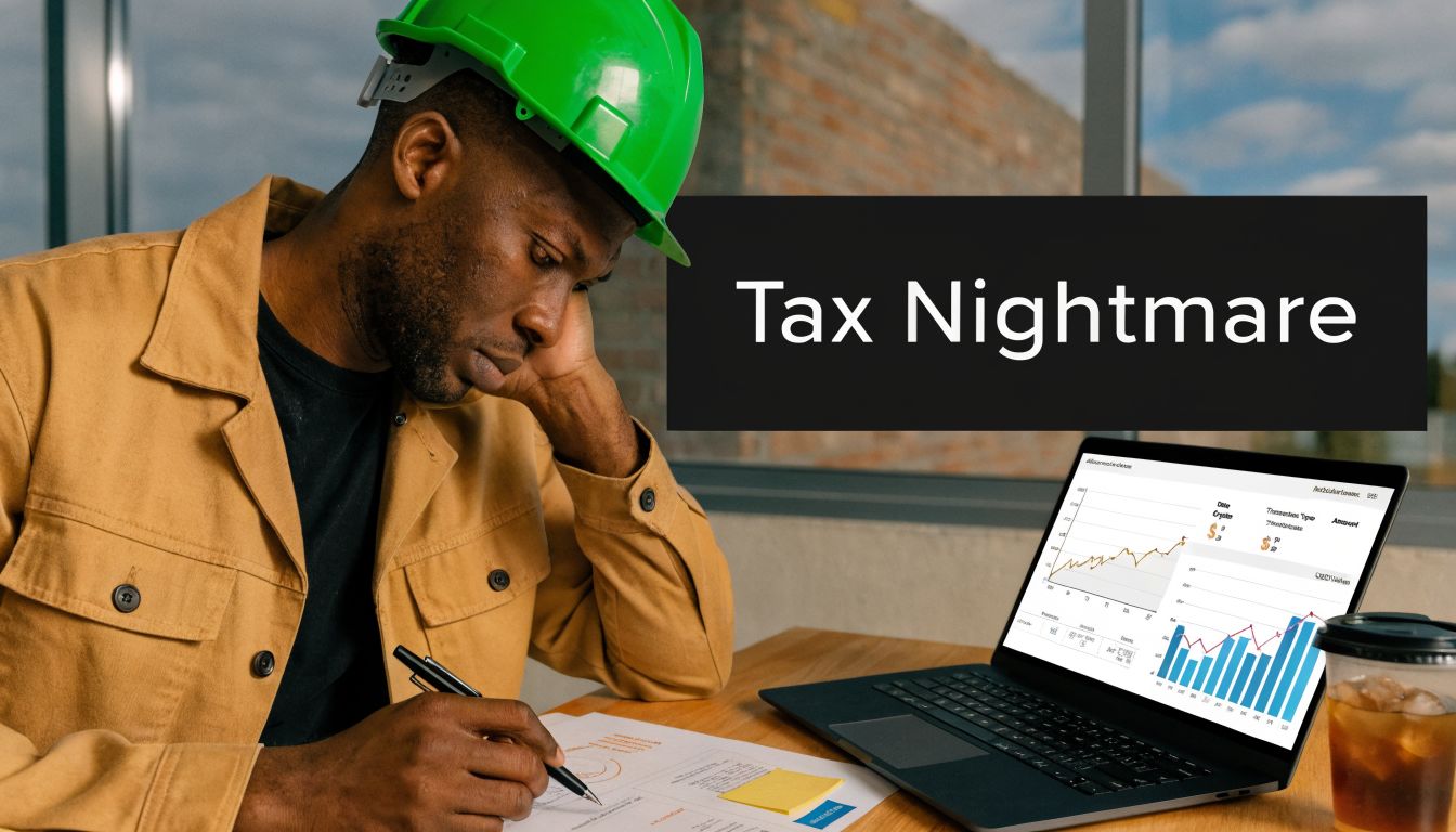 A construction worker in a green hard hat looking stressed while reviewing financial charts on a laptop.