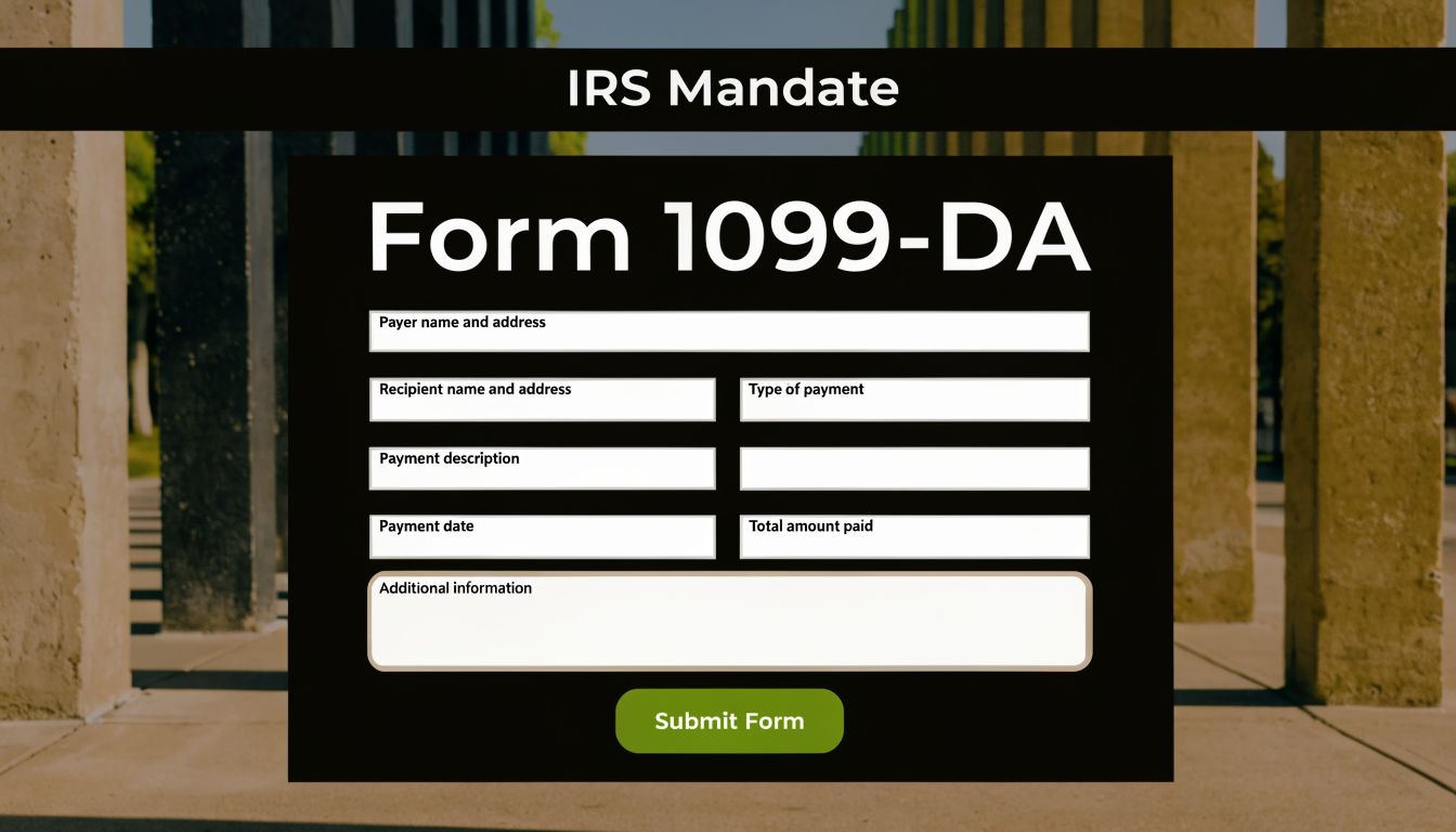 A digital form titled IRS Mandate Form 1099-DA for reporting cryptocurrency payment details and tax information.