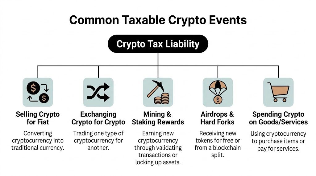 A diagram illustrating five common taxable cryptocurrency events, including selling, exchanging, mining, airdrops, and spending.