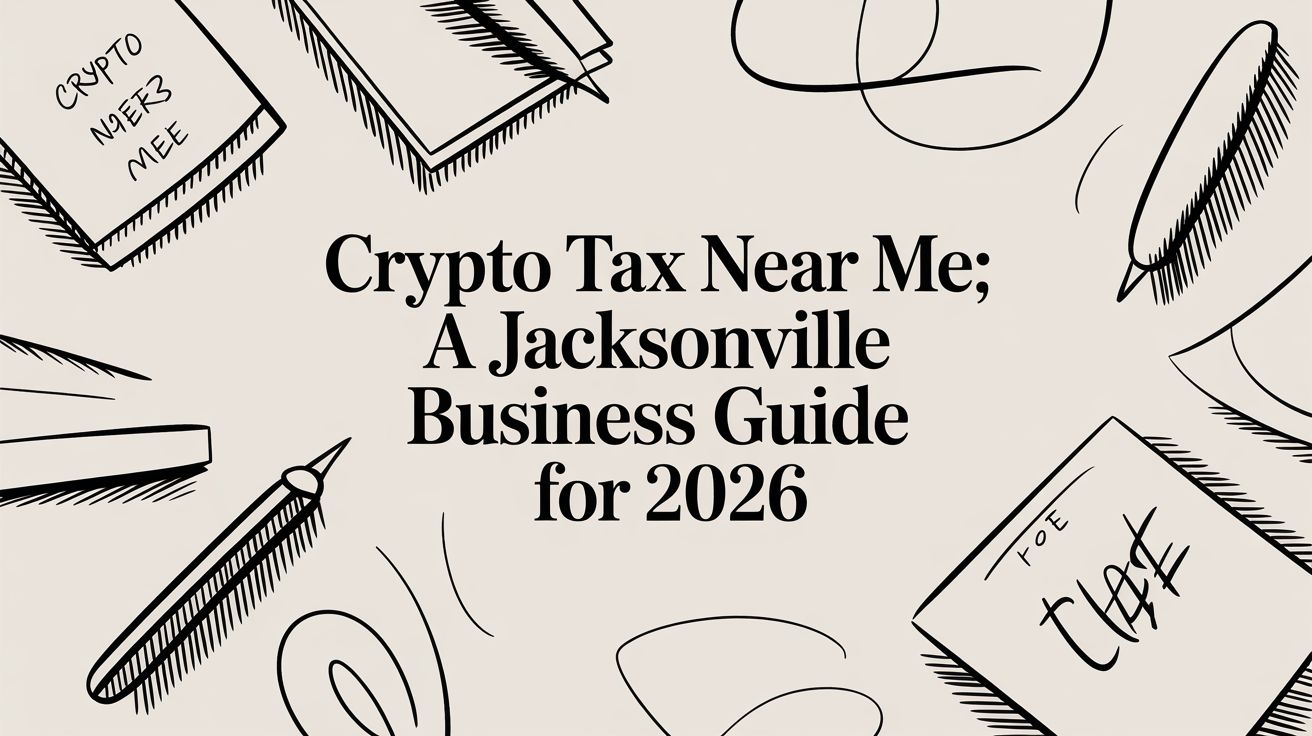Cover image with the title 'Crypto Tax Near Me; A Jacksonville Business Guide for 2026' surrounded by hand-drawn stationery doodles.