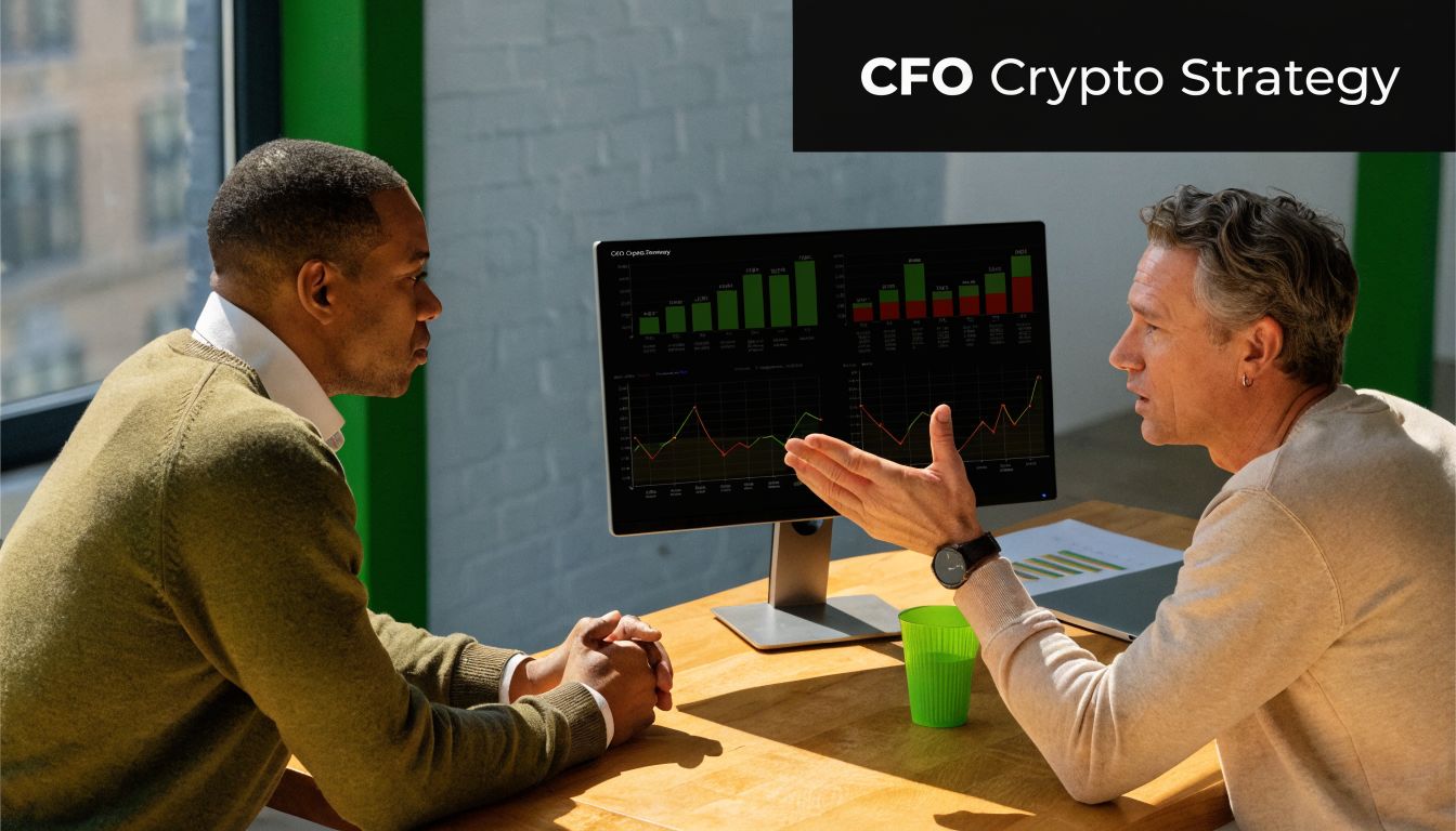 Two business professionals analyzing cryptocurrency market trends and financial data on a computer screen in an office.