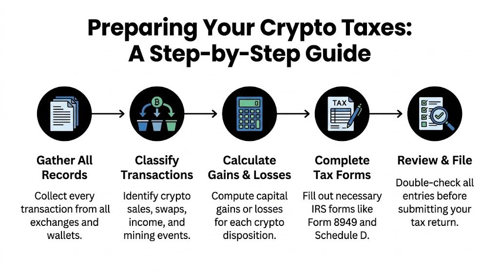 A step-by-step infographic guide on how to prepare and file cryptocurrency taxes for the IRS.