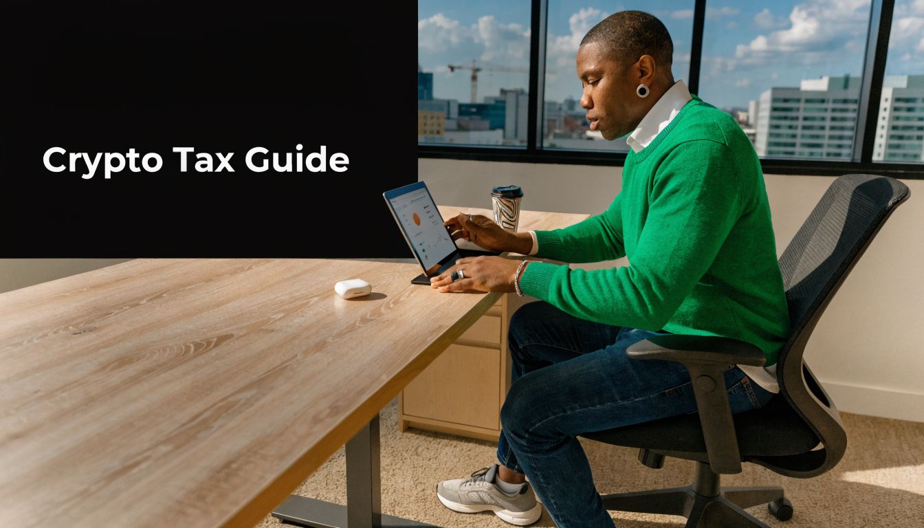A professional man sitting at a desk with a laptop, focusing on crypto tax guidance and financial planning.