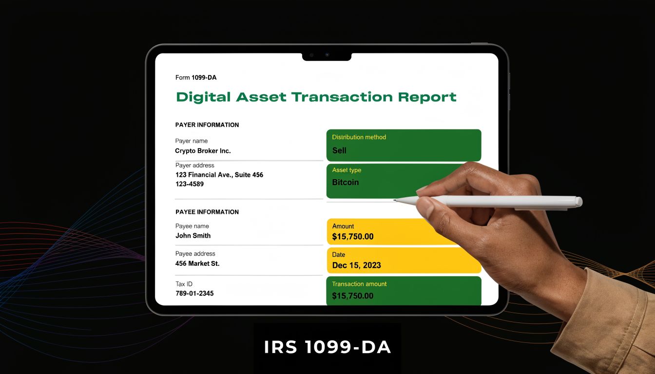 A digital tablet displaying an IRS 1099-DA form for reporting crypto assets, held by a person's hand.