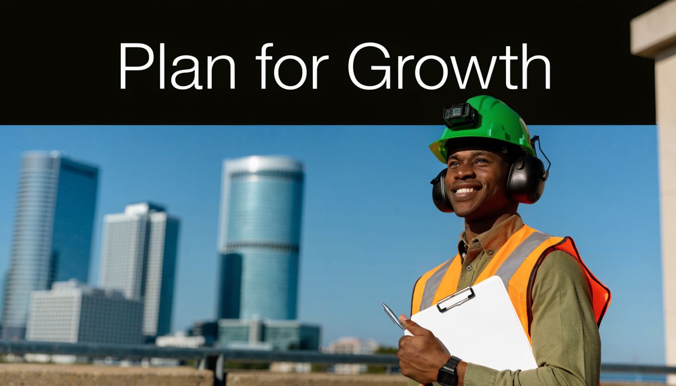 A smiling construction worker wearing safety gear and holding a clipboard with skyscrapers in the background.