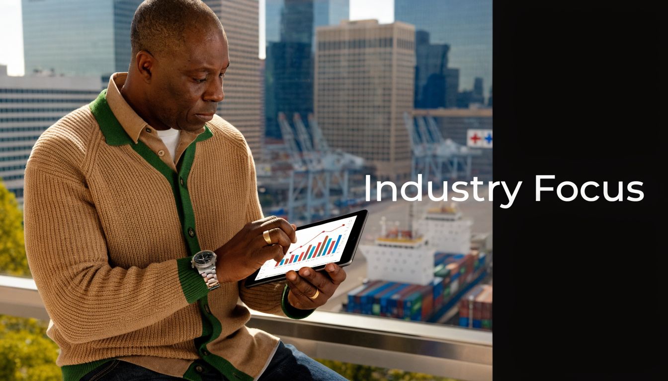 A professional man in a sweater reviewing financial bar charts on a digital tablet near a harbor