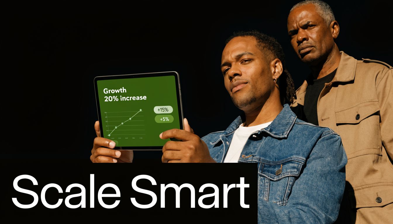 Two professional men look seriously at a tablet displaying a growth graph, symbolizing strategic financial planning business.