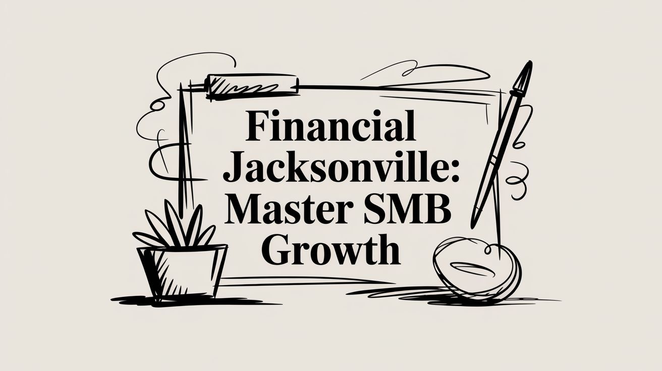 Hand-drawn sign frame with the title 'Financial Jacksonville: Master SMB Growth', plant on the left and a pen on the right.