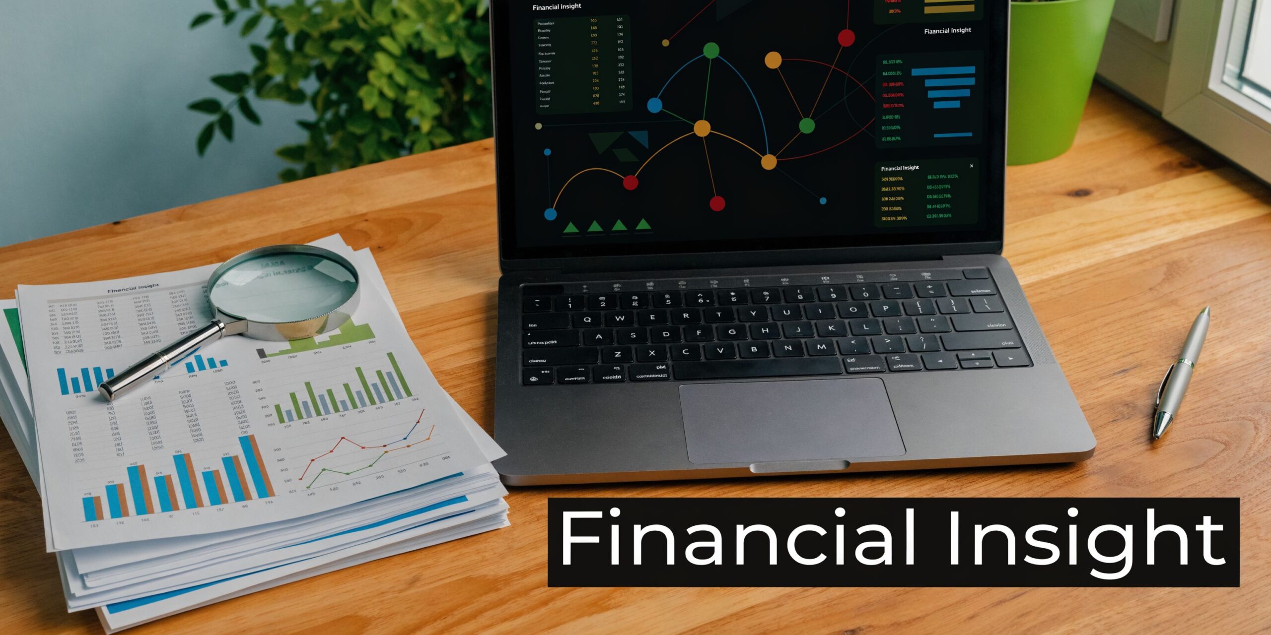 A laptop, magnifying glass, and financial charts on a wooden desk showing data analysis and forensic accounting concepts.
