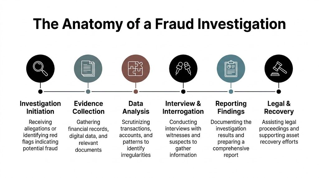 A process flow chart illustrating the six key steps of a professional corporate fraud investigation.