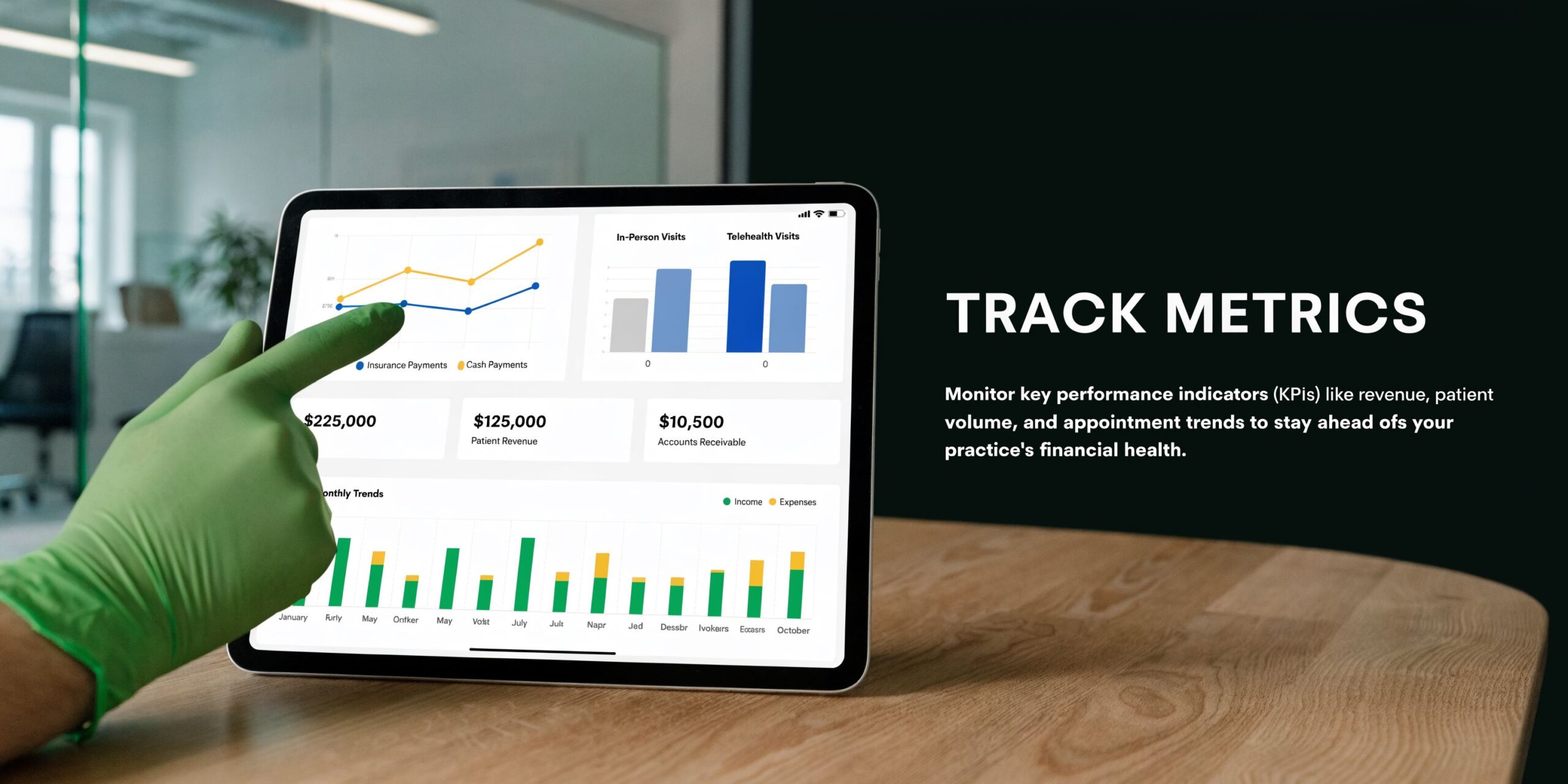 A hand in a green medical glove touches a tablet showing healthcare financial dashboards and revenue metrics.