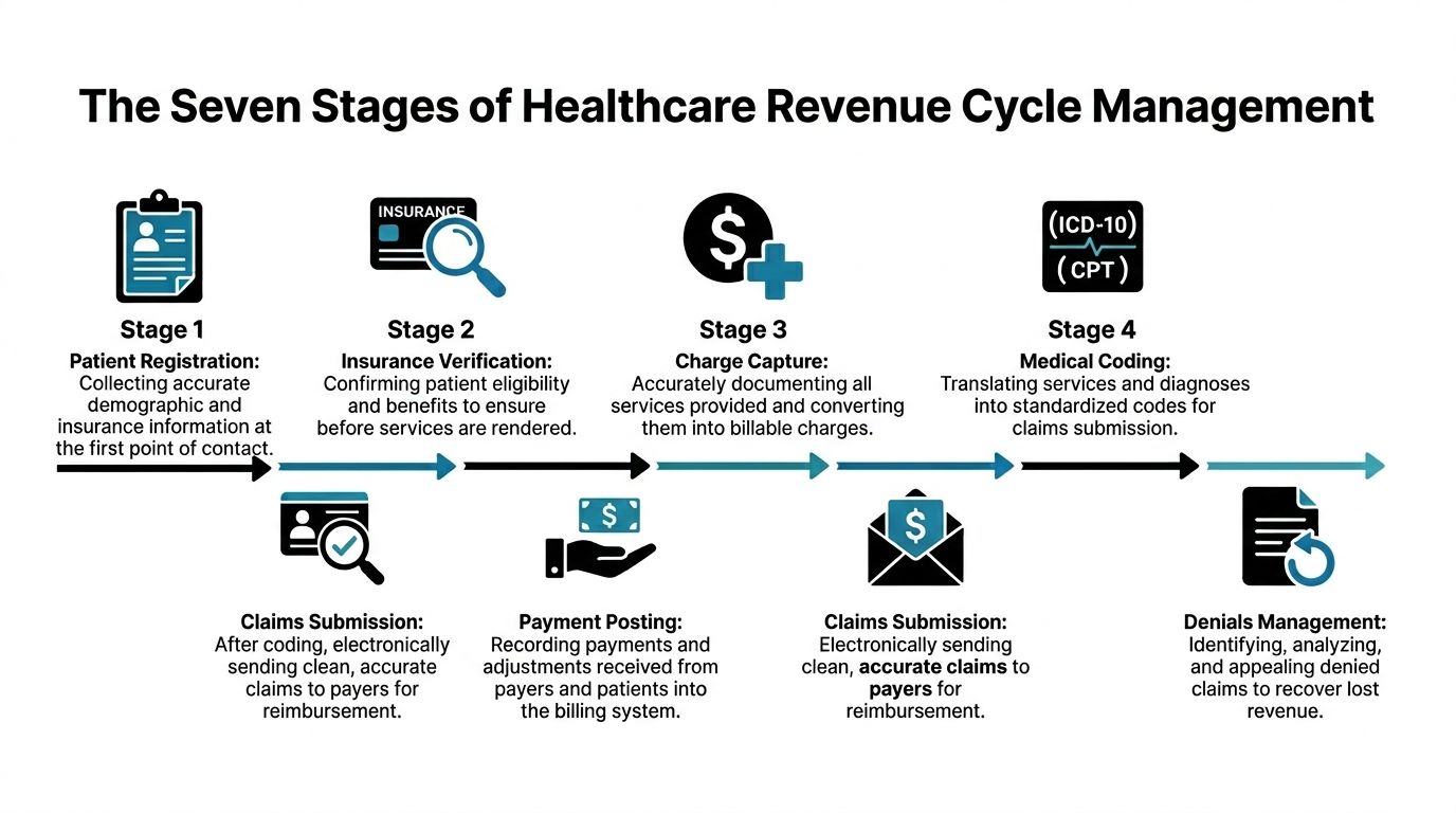 A diagram illustrating the seven key stages of the healthcare revenue cycle management process for medical providers.