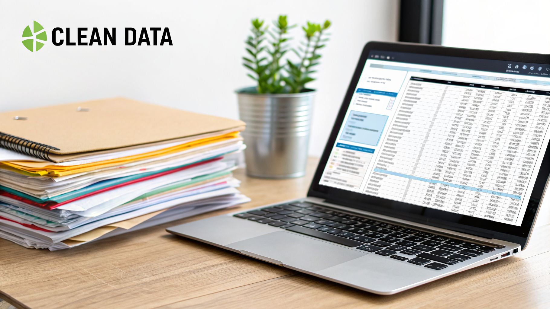A laptop displaying data spreadsheets and a stack of paper files on a wooden desk.