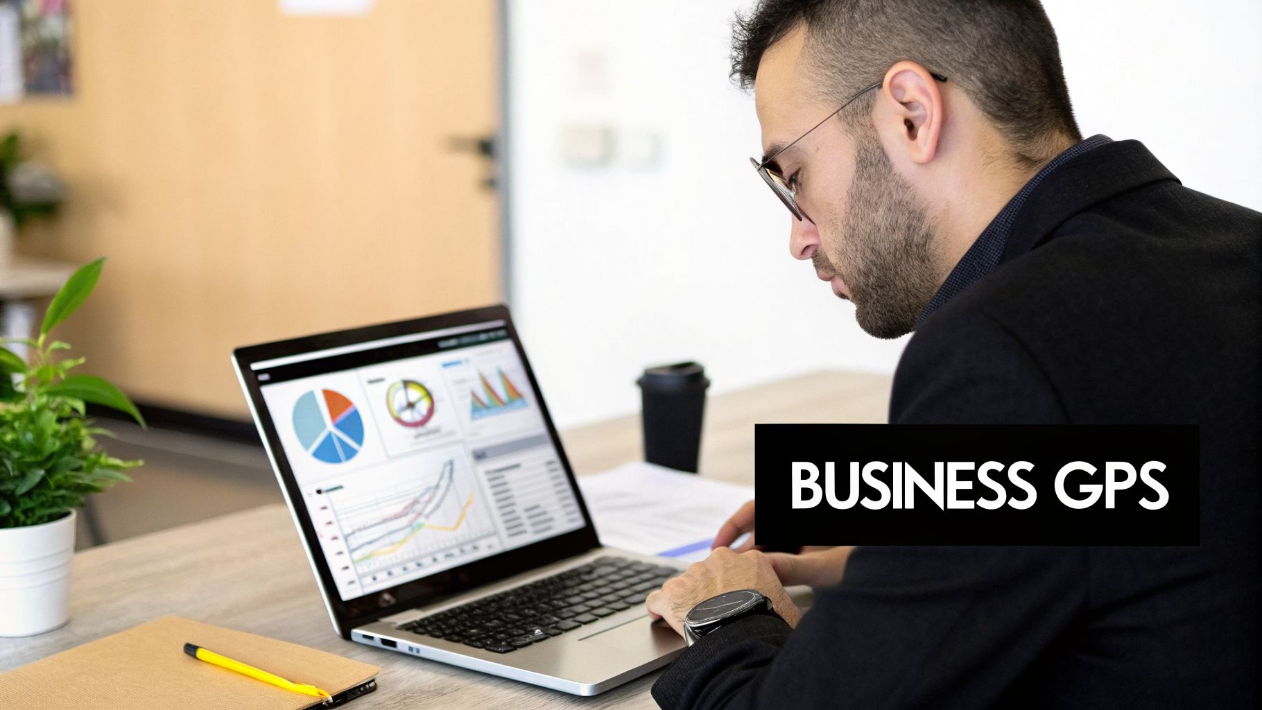 A man with glasses working intently on a laptop displaying financial charts and graphs.