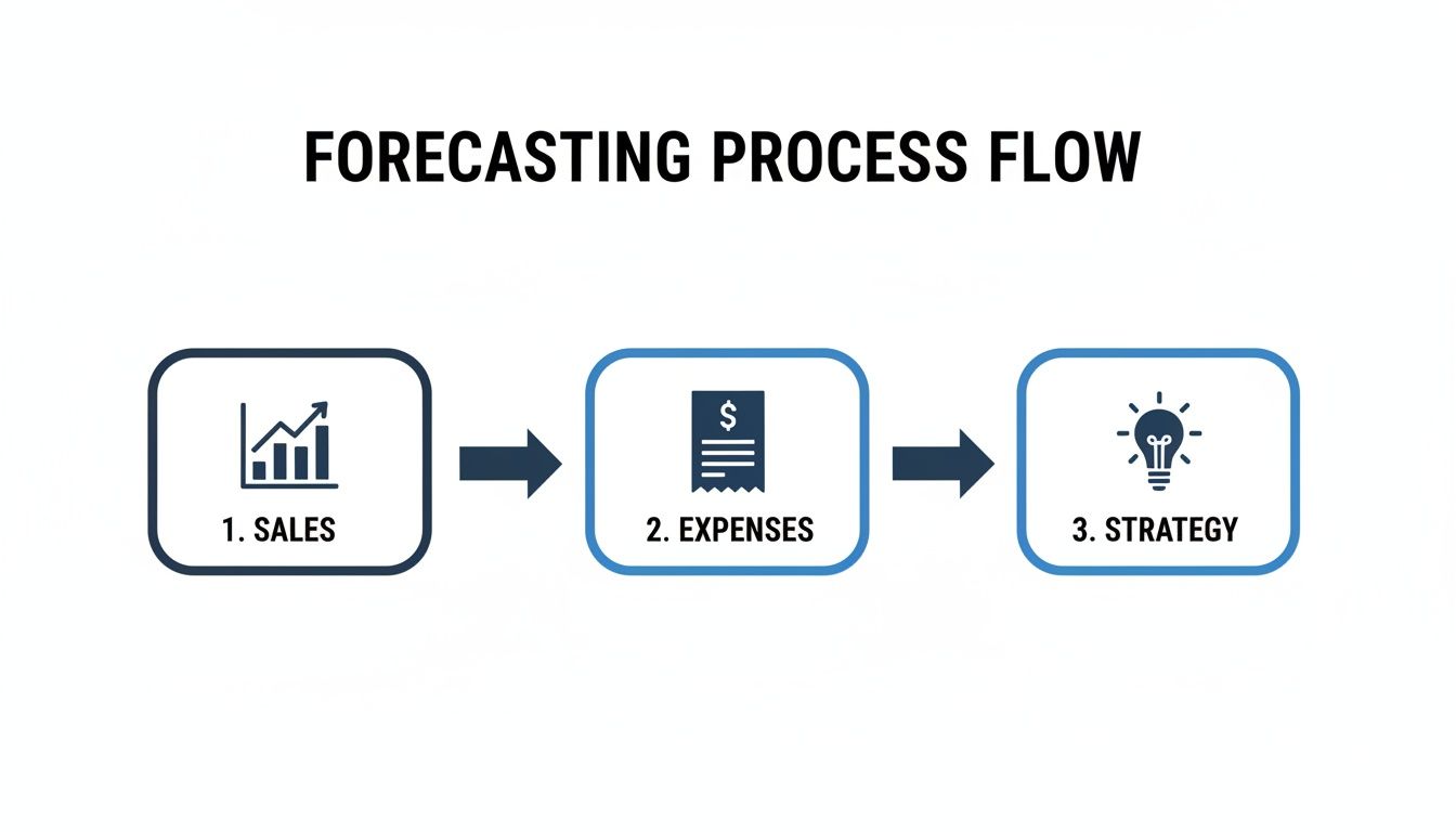 A forecasting process flow diagram showing three steps: sales, expenses, and strategy, with arrows connecting them.