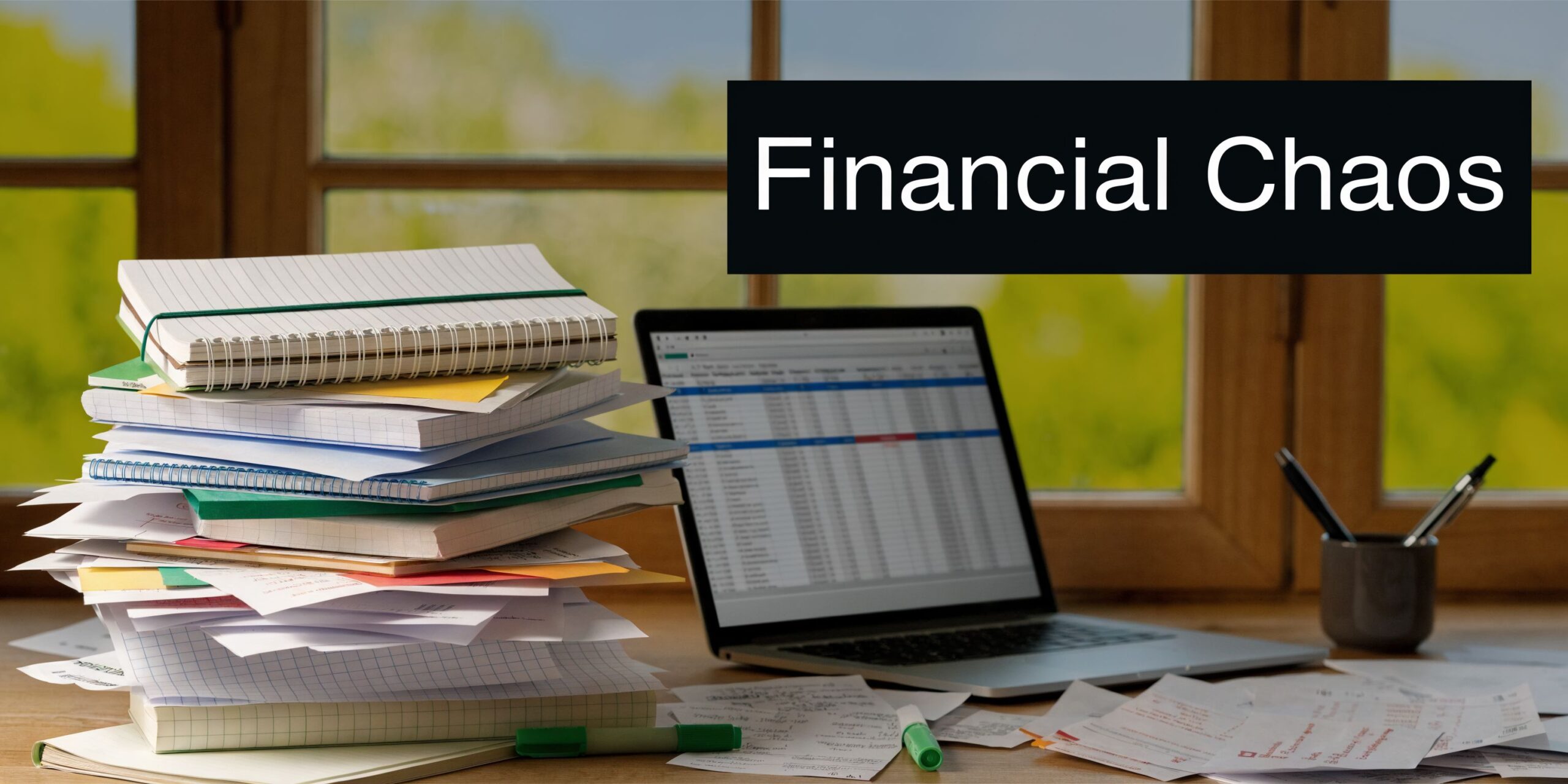 A messy desk with a stack of papers and a laptop screen displaying a complex financial spreadsheet.