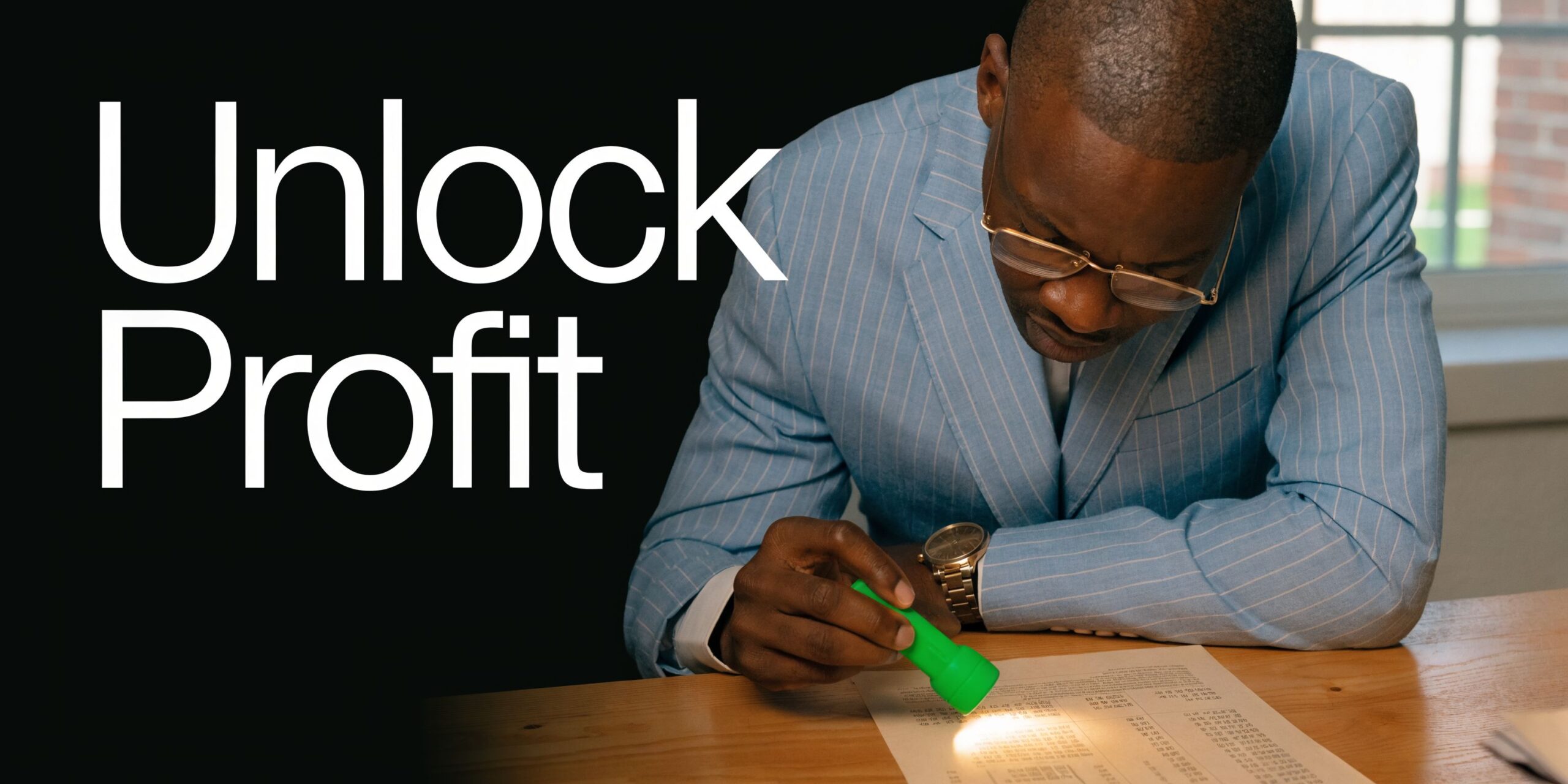 A professional businessman in a pinstripe suit examines a document with a flashlight to uncover hidden details.