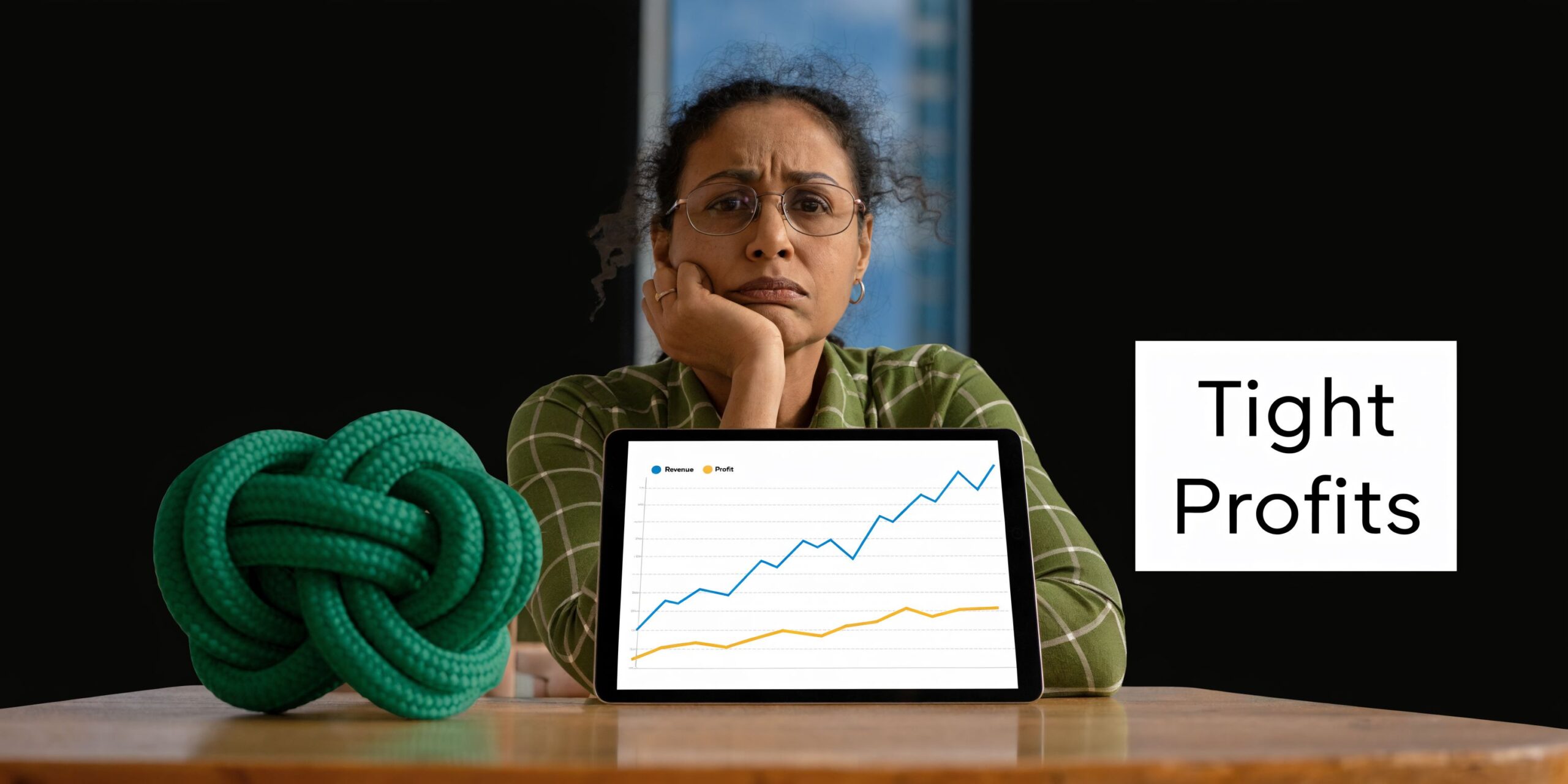 A concerned woman sits at a table with a tangled rope and a tablet showing financial charts.