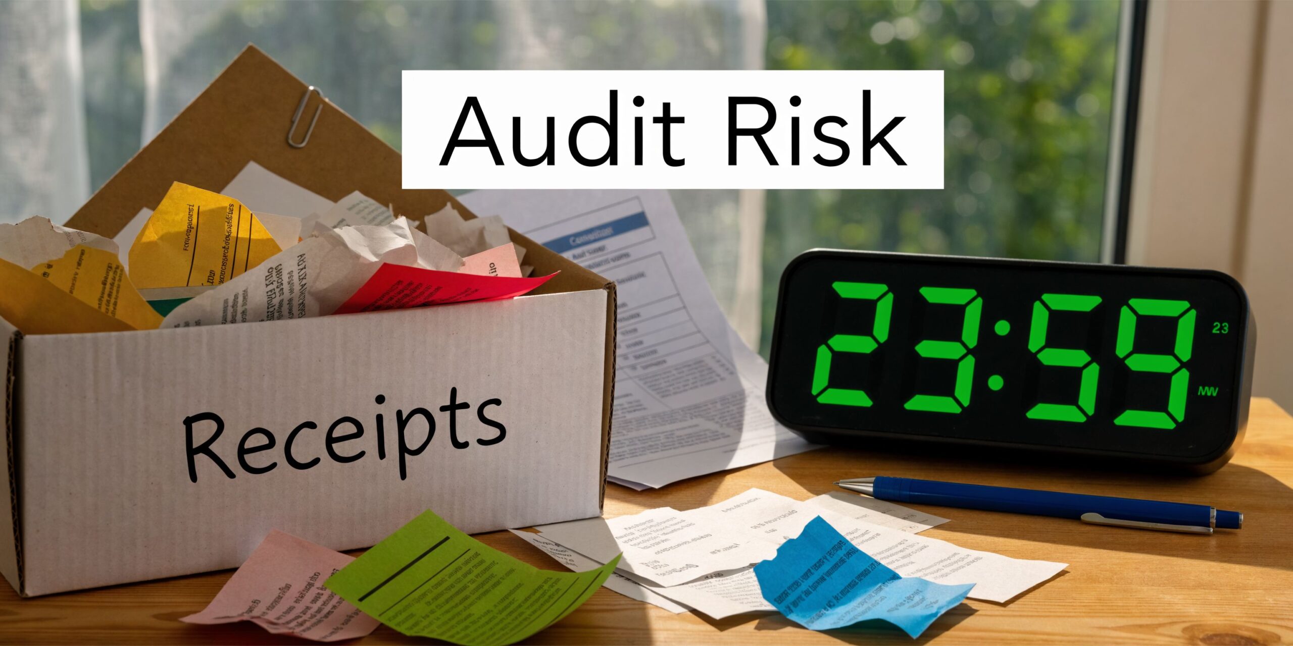 A box of tax receipts sits next to a digital clock showing nearly midnight, representing audit risks.