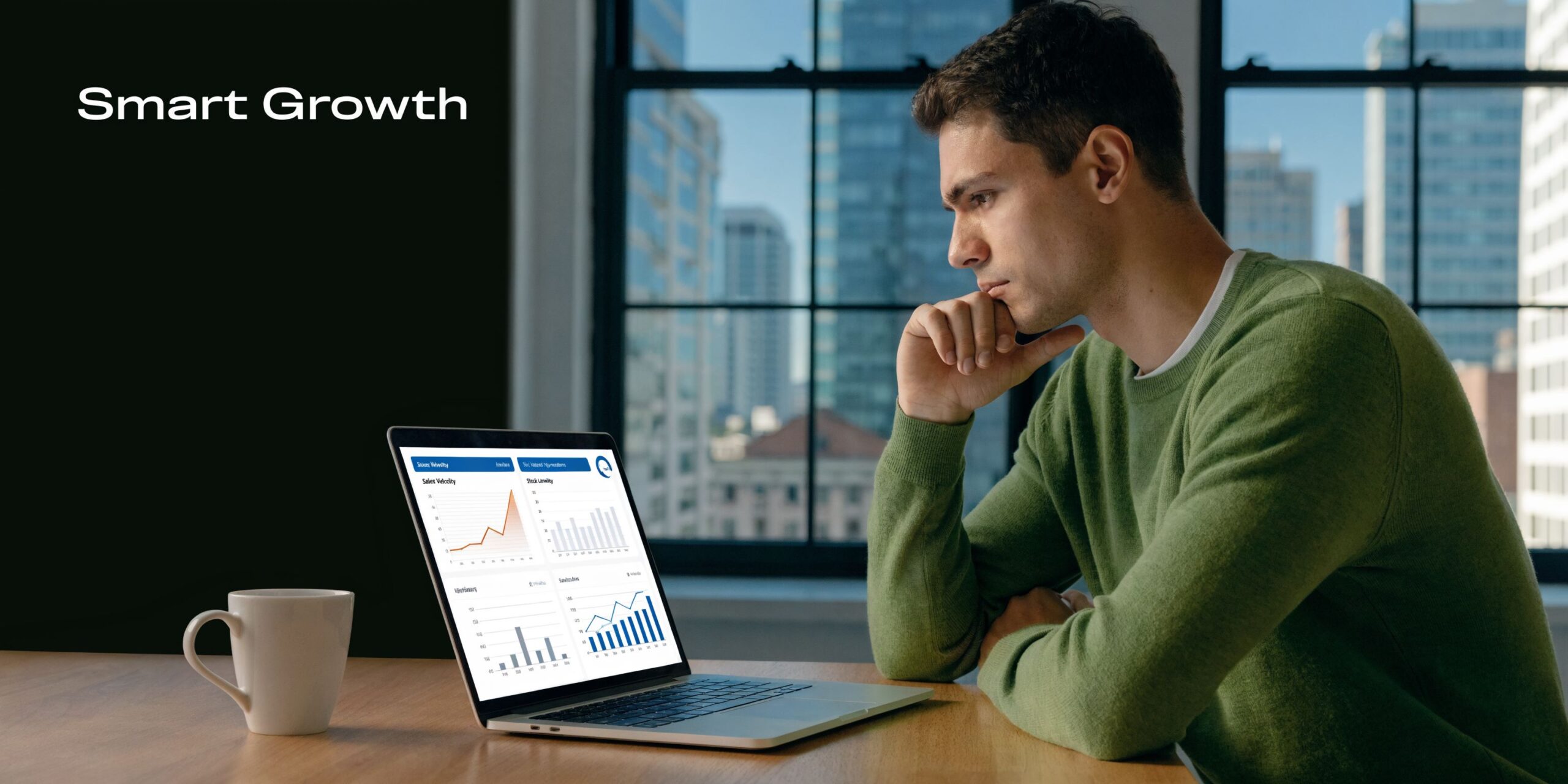 A focused man analyzing business growth and inventory charts on his laptop in a modern office.