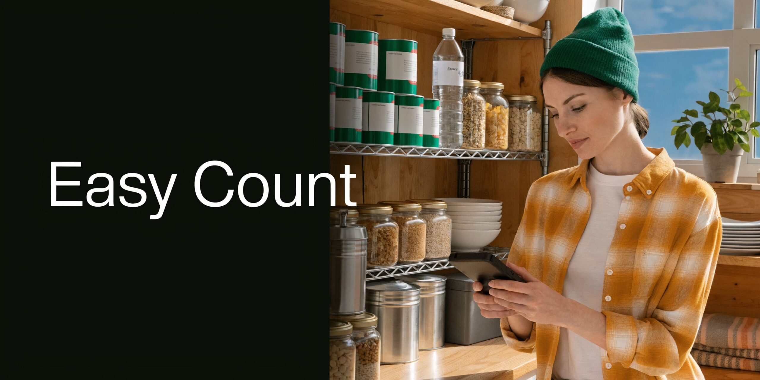 A woman in a kitchen inventory checking supplies using a digital tablet for tracking items.