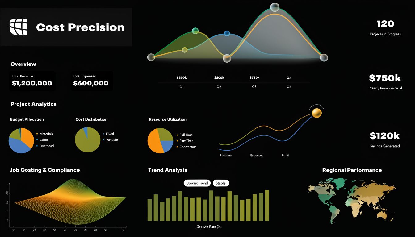 A professional business dashboard showing financial charts, revenue overview, project analytics, and regional performance metrics.