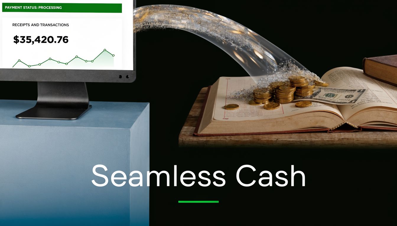 A digital screen showing financial transaction data flowing as liquid coins and cash onto an open vintage book.