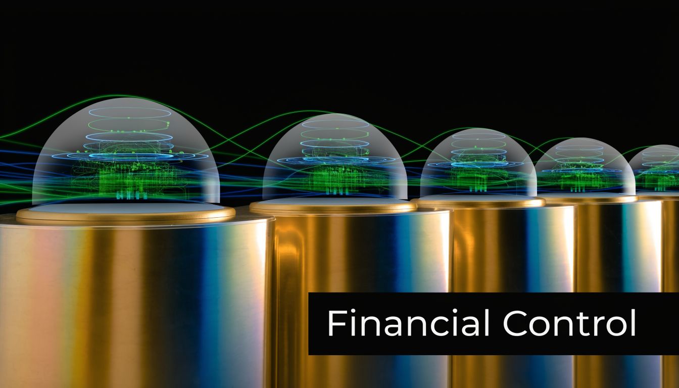 A digital representation of futuristic glass spheres atop golden cylinders with light trails symbolizing financial control.