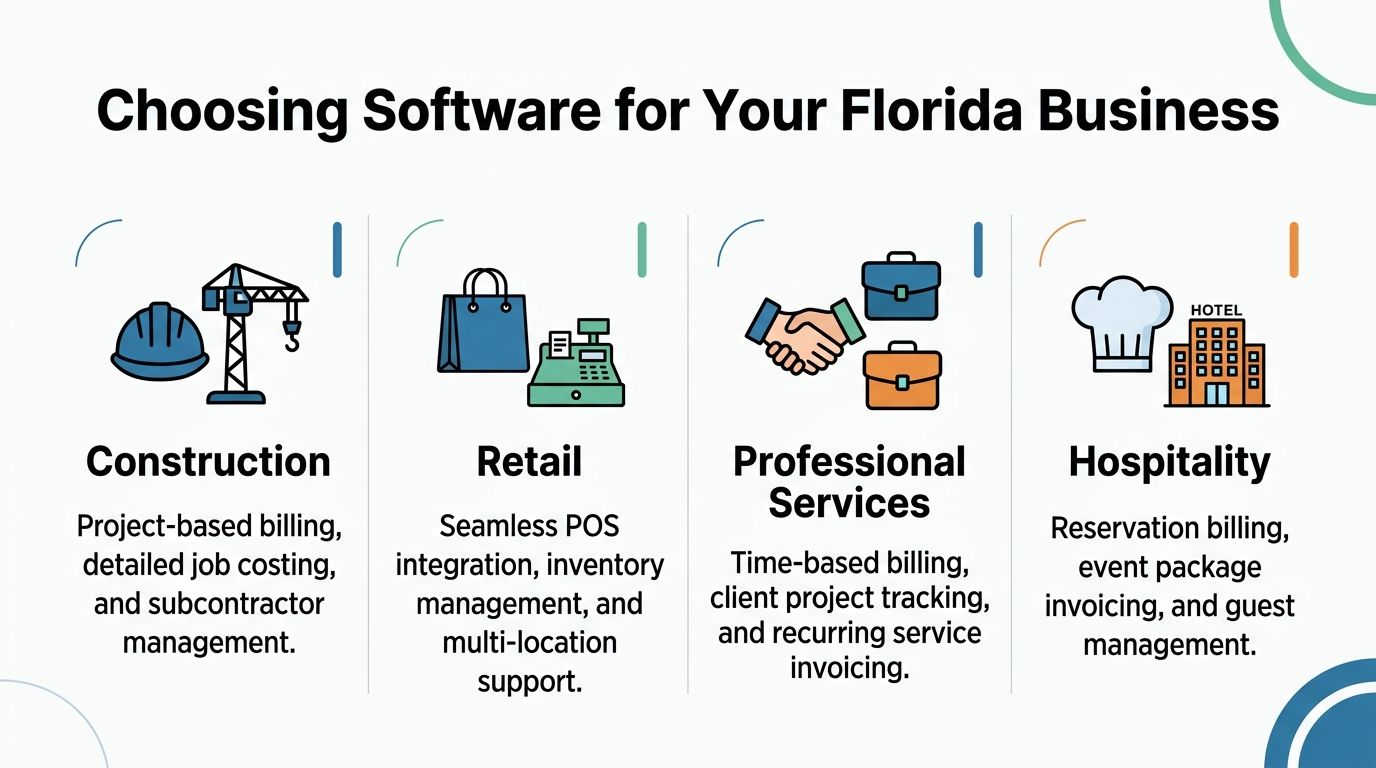 A graphic showing different software needs for Florida businesses in construction, retail, professional services, and hospitality.