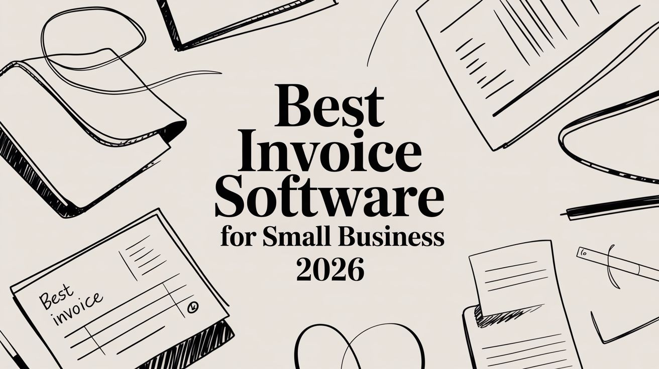 Promotional banner announcing 'Best Invoice Software for Small Business 2026' with doodle office supplies around the headline (invoices, notebook, pen).
