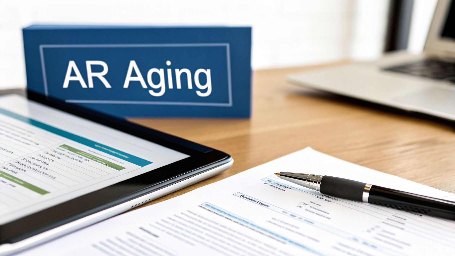 A desk setup with a tablet, pen, and a sign displaying 'AR Aging' for financial management.