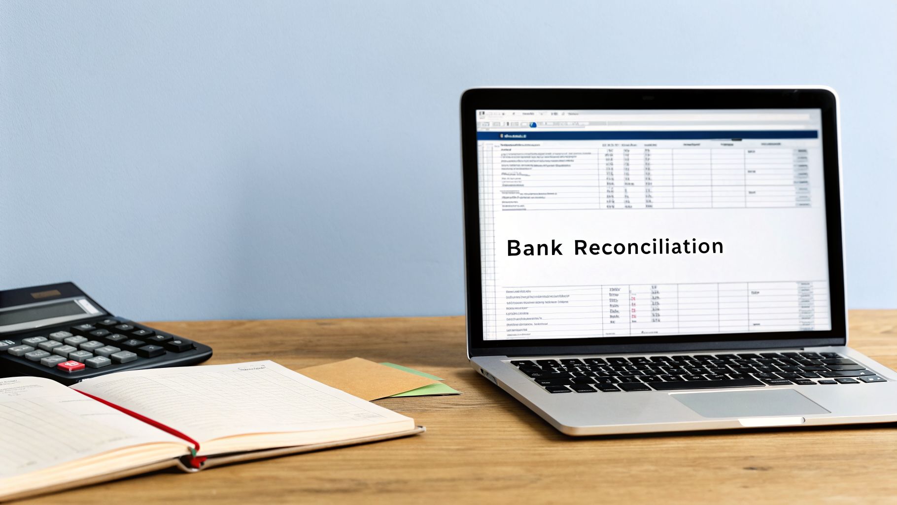 A laptop displays 'Bank Reconciliation' alongside a calculator and open notebook on a wooden desk.
