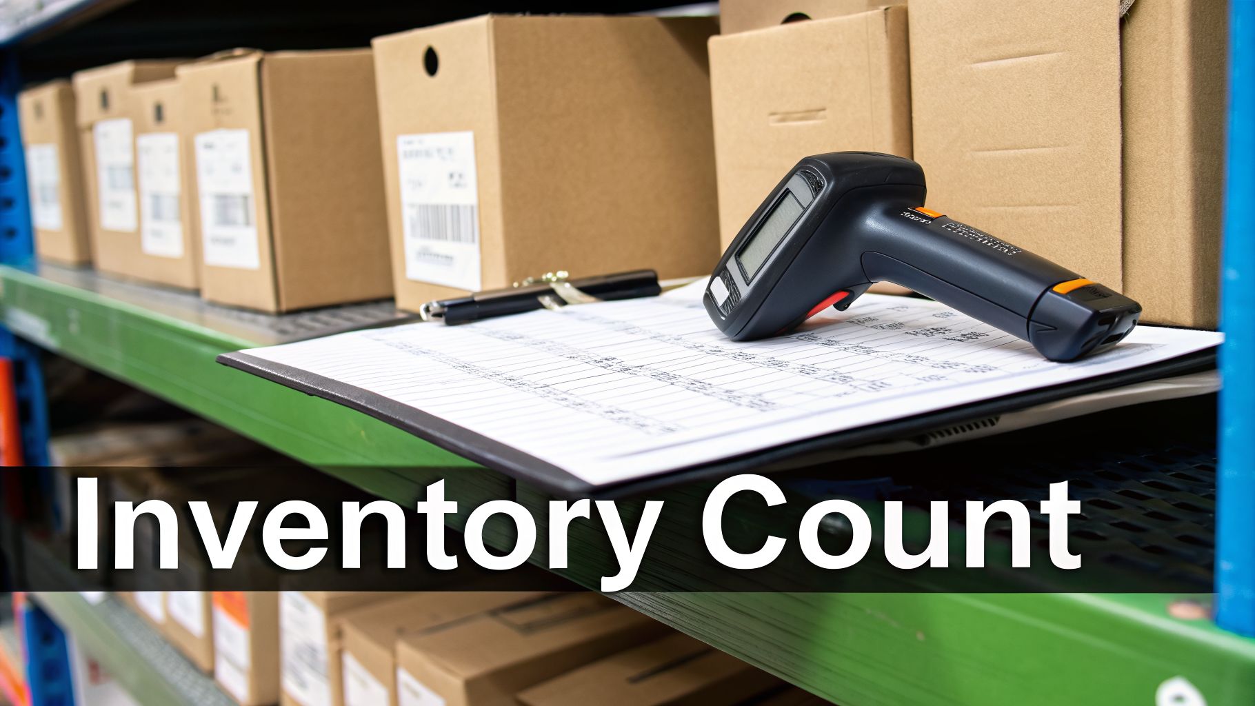 A barcode scanner and a clipboard with a checklist on a green shelf surrounded by inventory boxes.