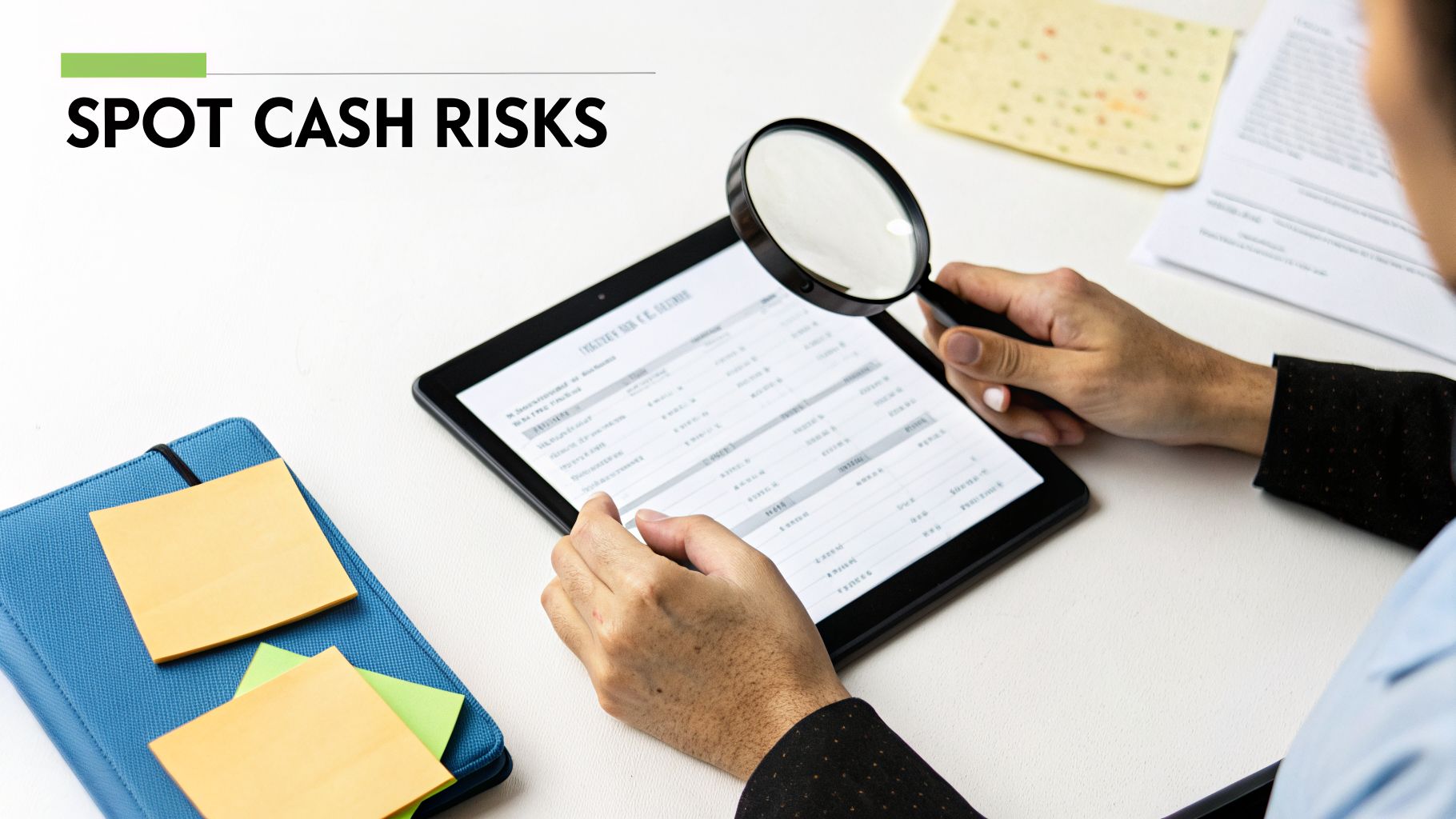 A person uses a magnifying glass to analyze financial data on a tablet, spotting cash risks.